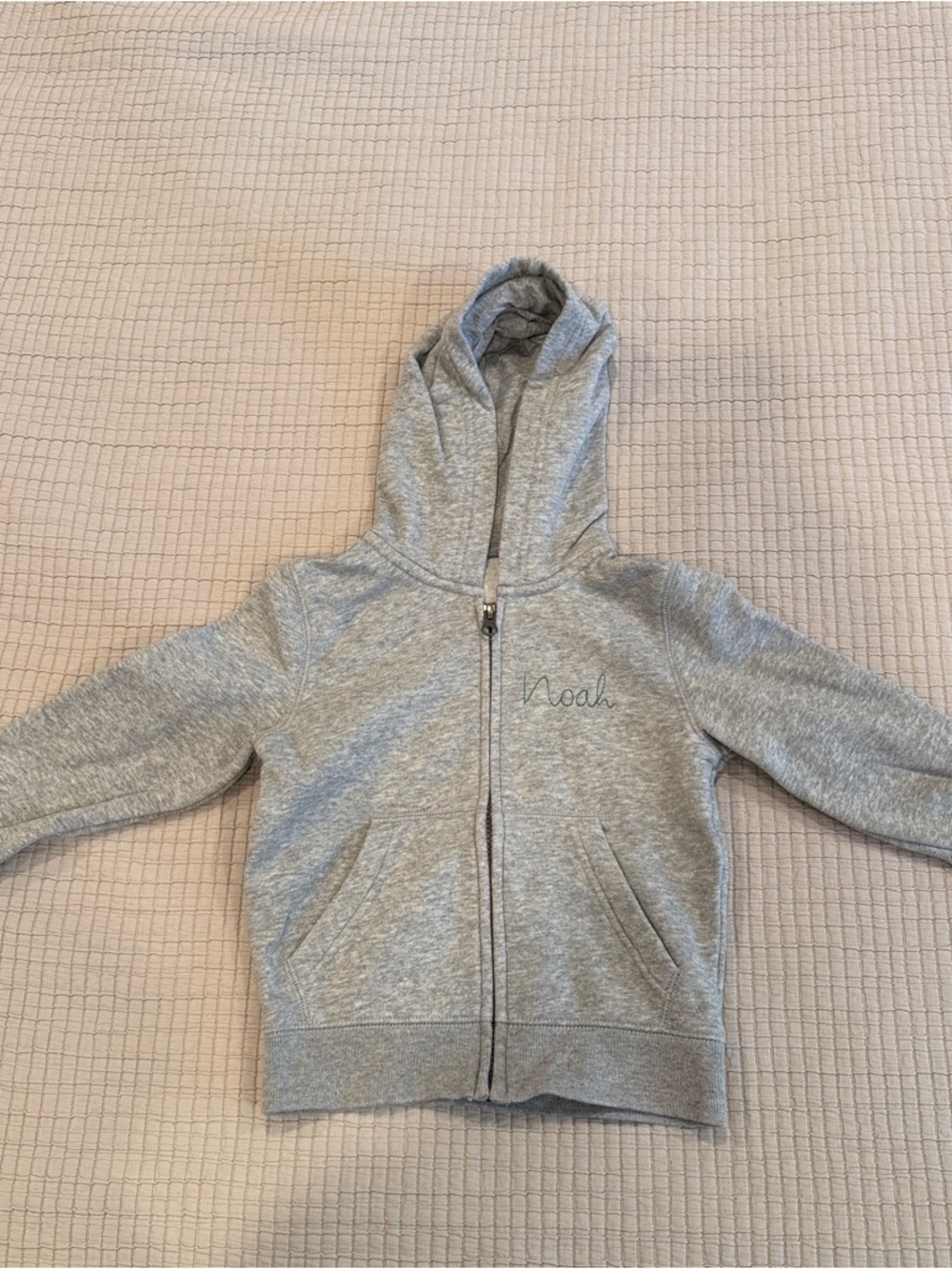 Personalized ‘Noah’ Kids Gray Zip Hoodie with green script embroidery